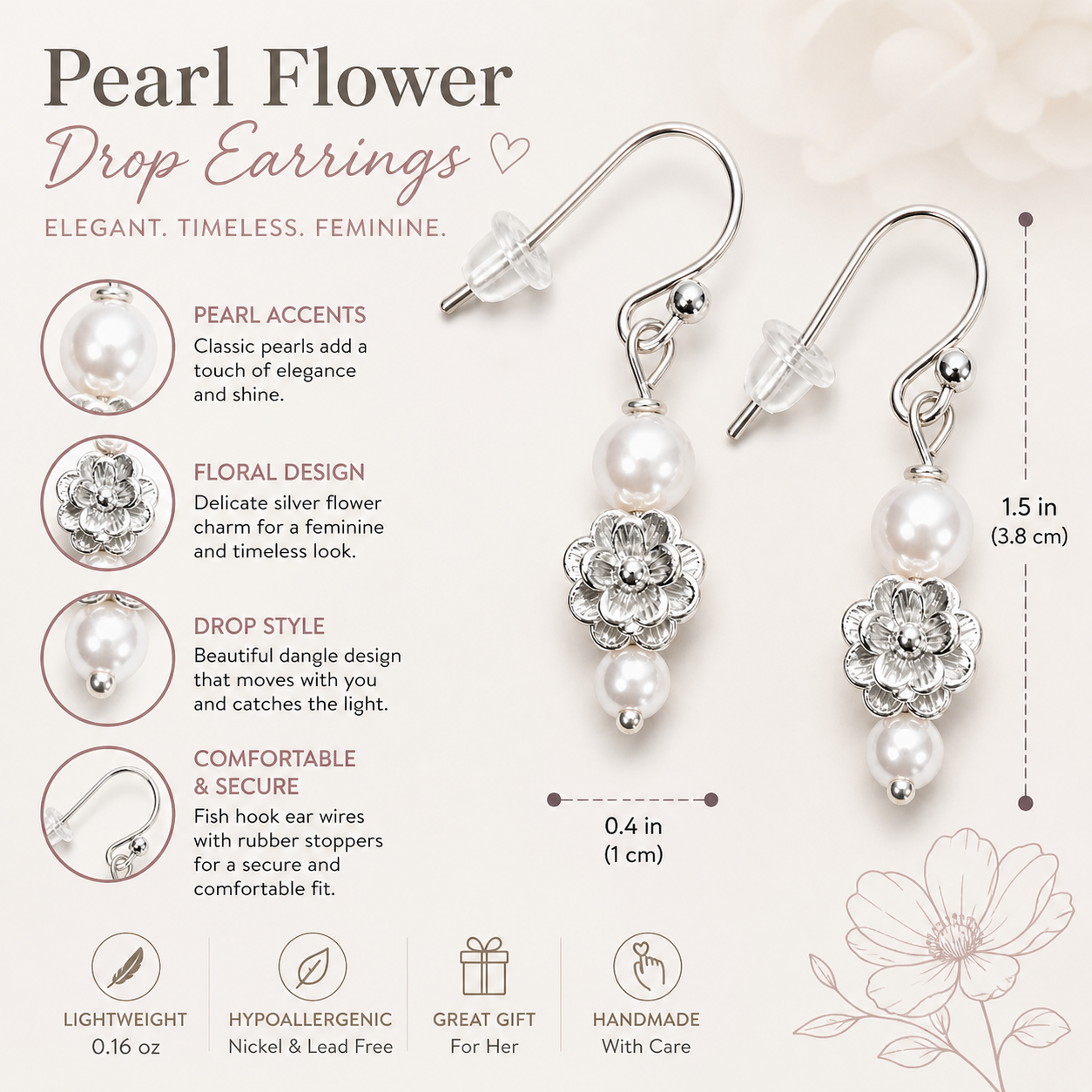 Silver floral pearl drop earrings with white beads handmade lightweight elegant gift for her features