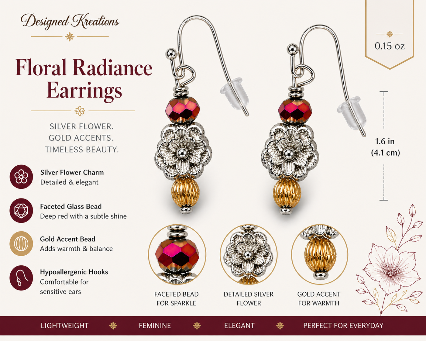 Floral silver gold drop earrings with red bead handmade lightweight elegant gift for her features