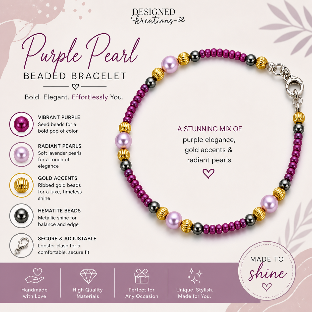 Purple pearl beaded bracelet with gold and hematite accents handmade elegant gift for her features