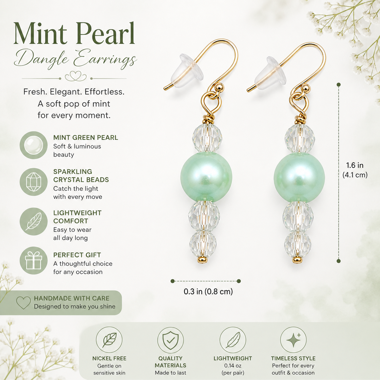 Mint green pearl drop earrings with crystal beads handmade lightweight elegant gift for her features