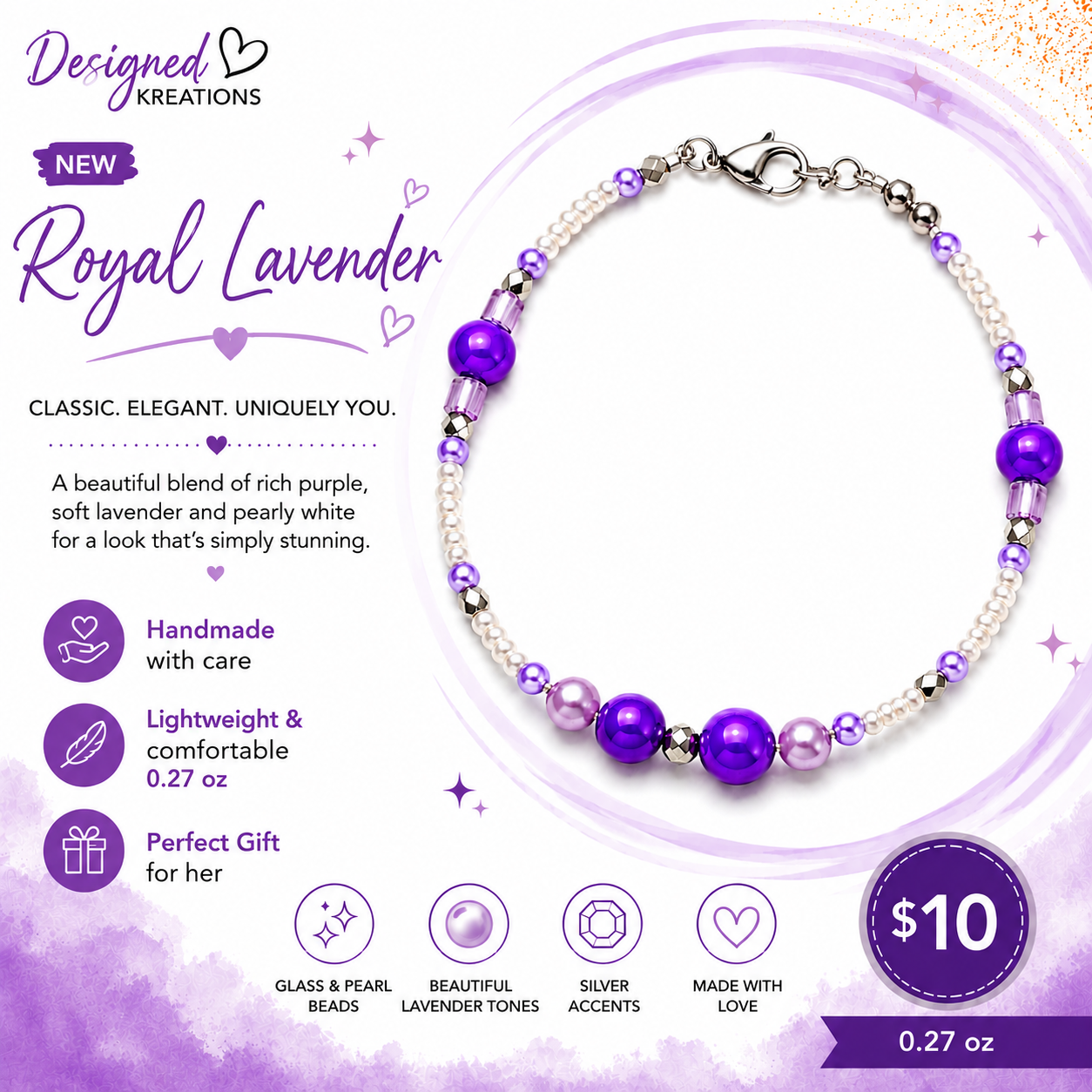 Feature graphic for Royal Lavender handmade bracelet with rich purple beads, pearl accents, silver spacers, lightweight boutique jewelry design and elegant lavender themed advertisement