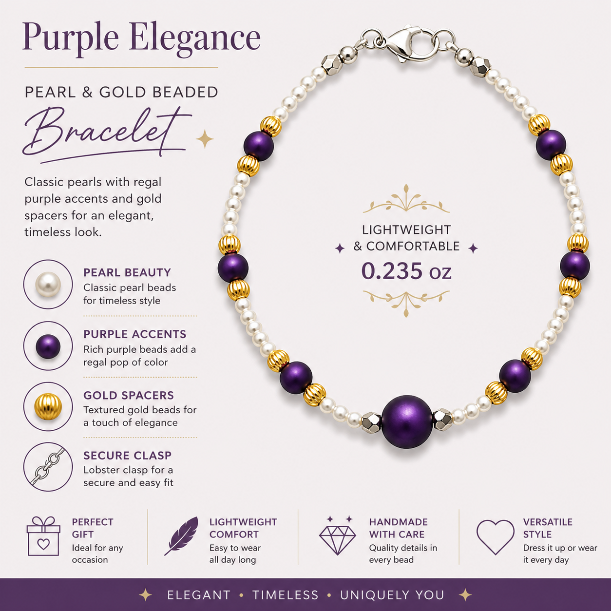 Purple elegance beaded bracelet with pearls and gold spacers handmade lightweight gift for her features
