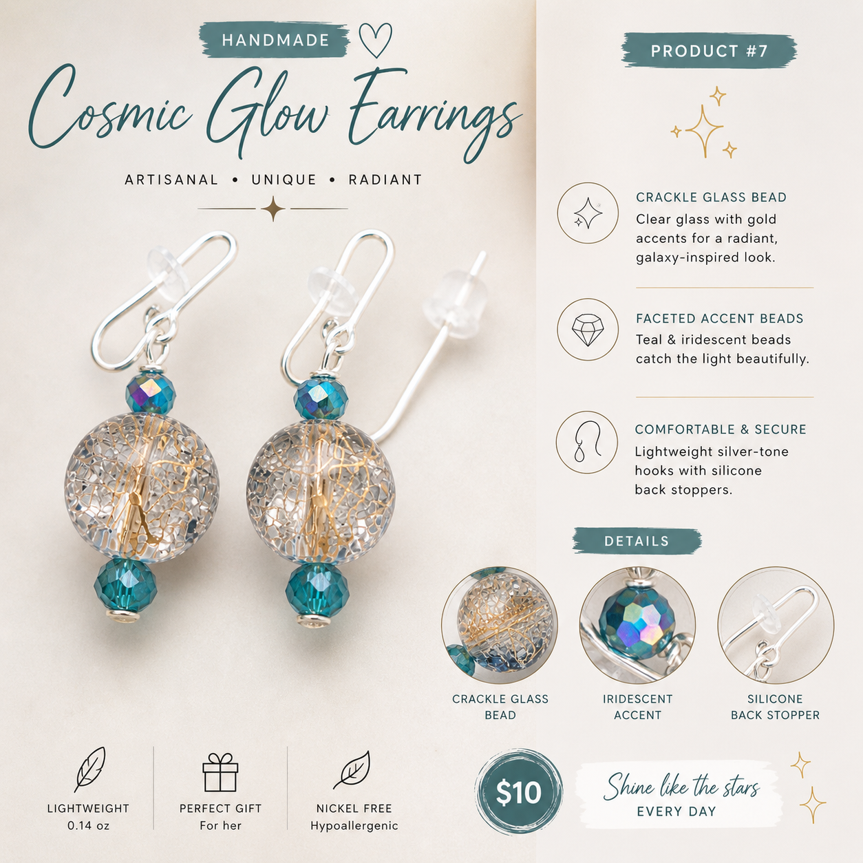 Crackle glass drop earrings with teal accents handmade lightweight unique statement jewelry features