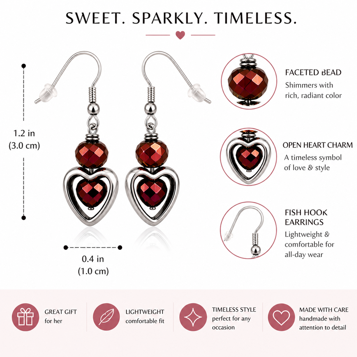 Ruby heart drop earrings handmade lightweight gift for her features