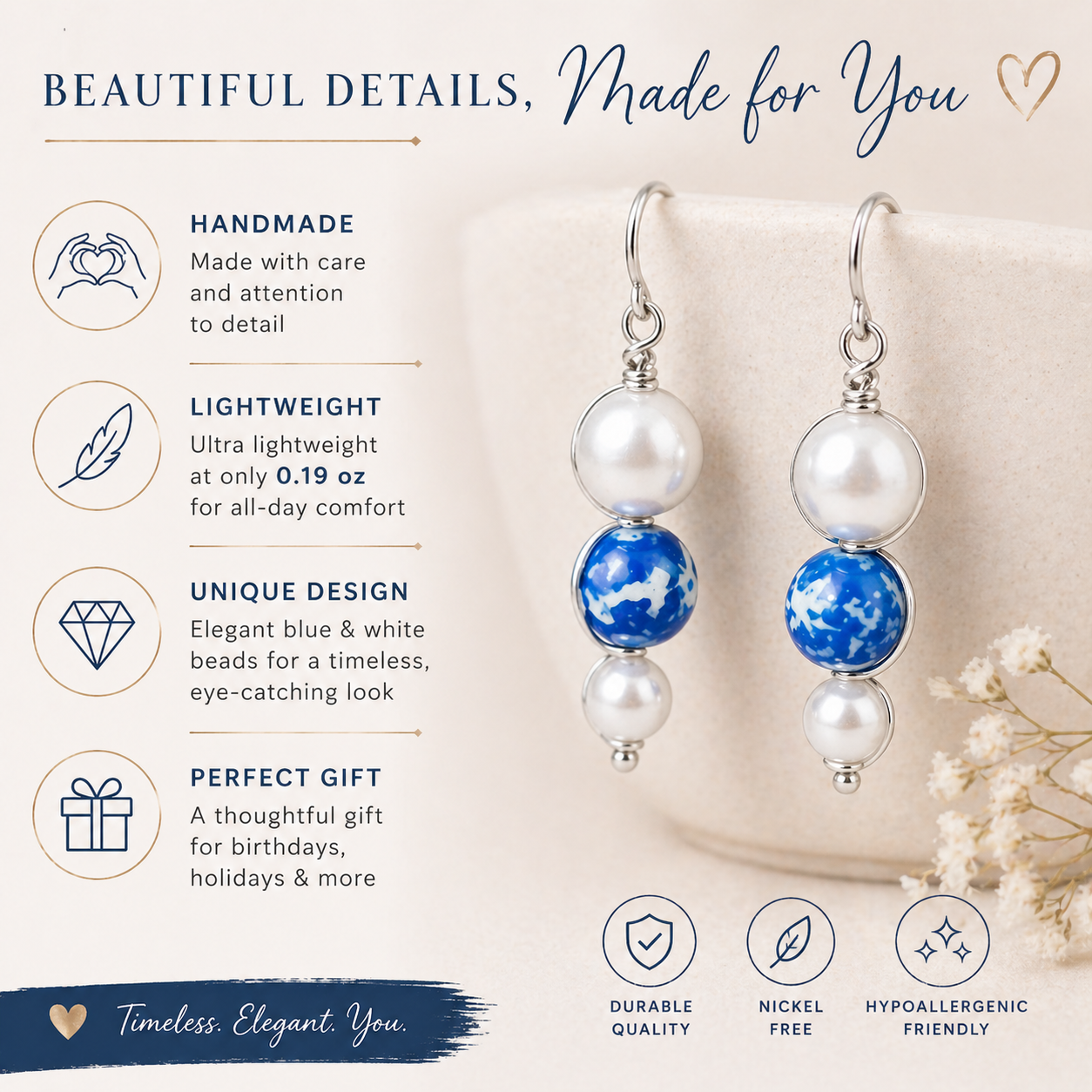 Blue and white pearl drop earrings handmade lightweight gift for her features