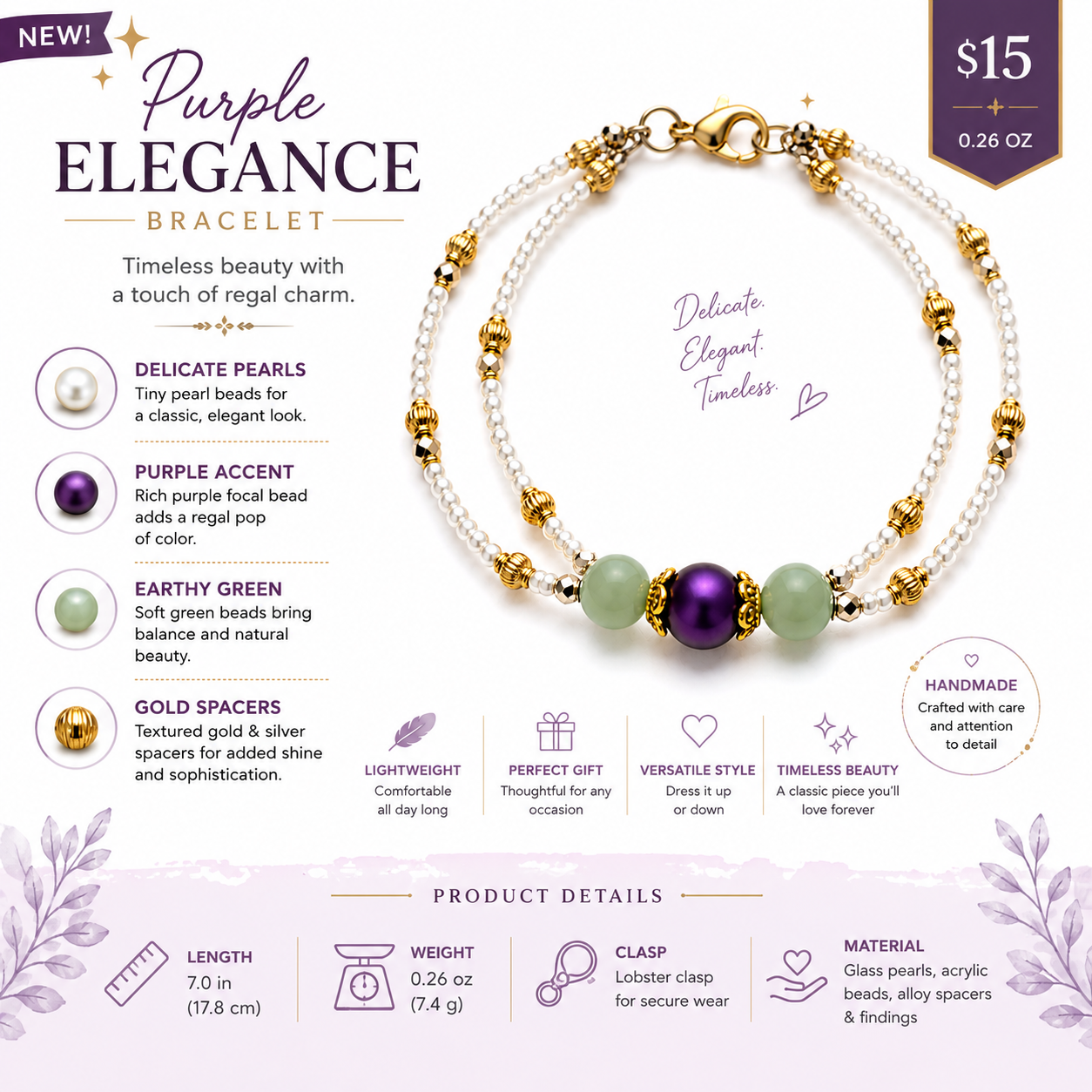 Purple Elegance bracelet promotional graphic featuring pearl beads, gold spacers, green accents, and boutique-style jewelry details