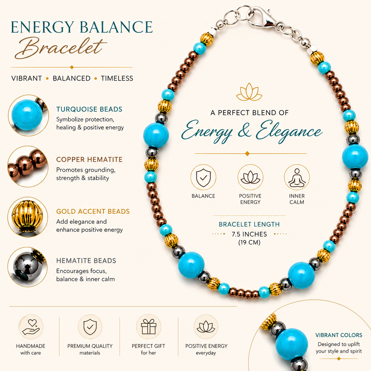 Graphic - Promotional graphic for Energy Balance Bracelet featuring turquoise beads, copper hematite accents, elegant typography, and luxury handcrafted jewelry branding.