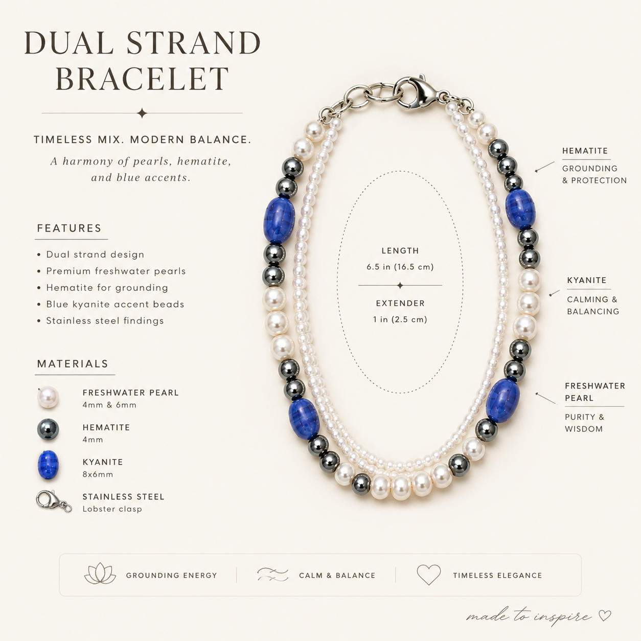 Graphic - Designed Kreations dual strand bracelet graphic featuring pearl beads, hematite accents, and royal blue stones with modern jewelry branding layout.