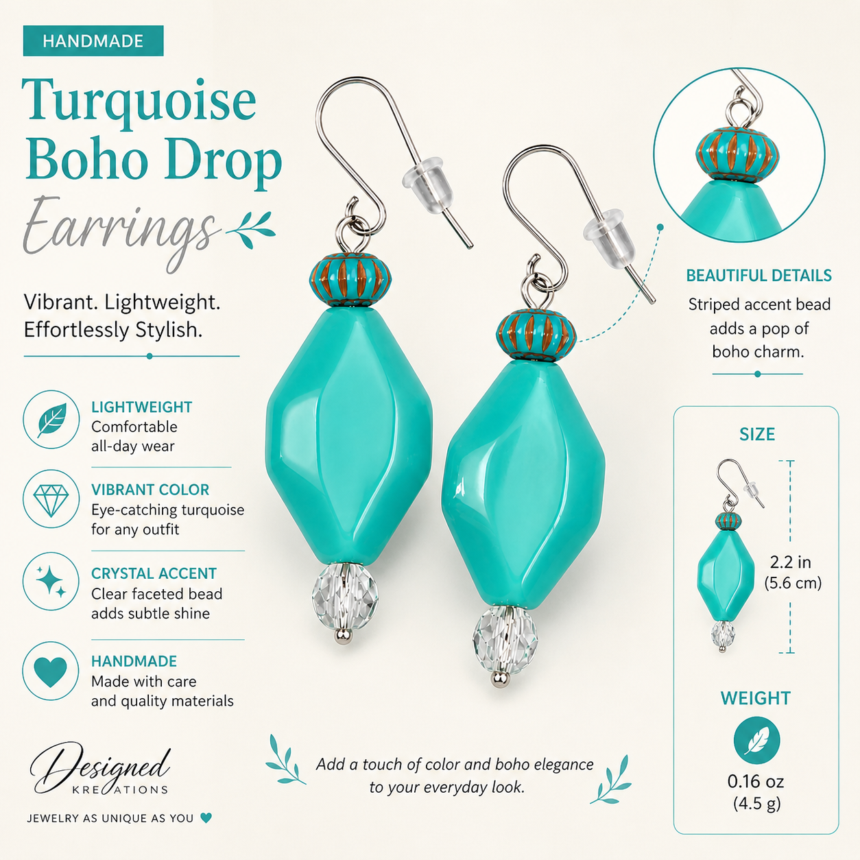 Turquoise boho drop earrings handmade lightweight colorful statement jewelry features