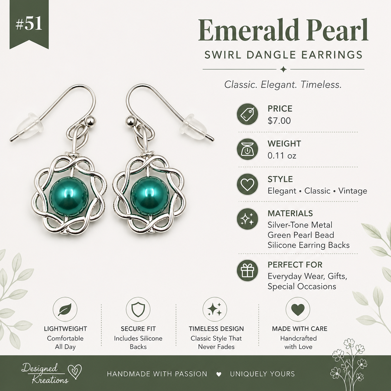Green pearl swirl drop earrings handmade lightweight elegant gift for her features