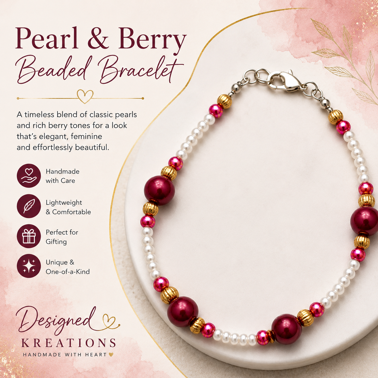 Graphic - Promotional graphic for Pearl & Berry Beaded Bracelet featuring handcrafted pearl and berry-toned bracelet with elegant feminine styling and Designed Kreations branding.