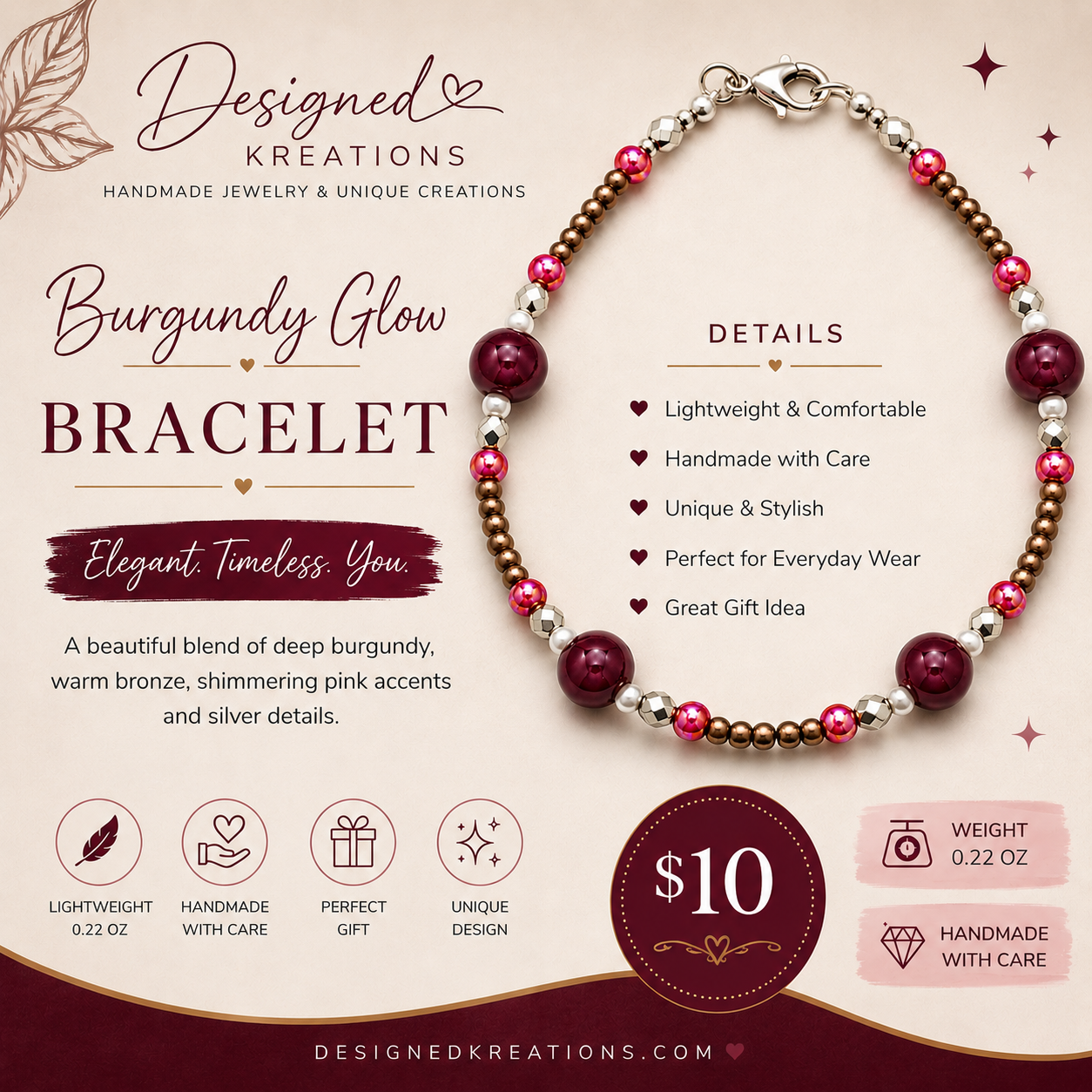 Burgundy Glow bracelet promotional graphic featuring handcrafted burgundy beads, bronze accents, silver spacers, and boutique jewelry details