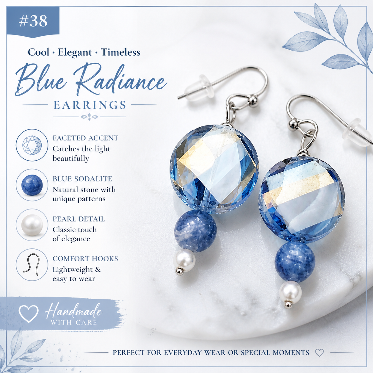 Blue faceted drop earrings handmade lightweight elegant gift for her features