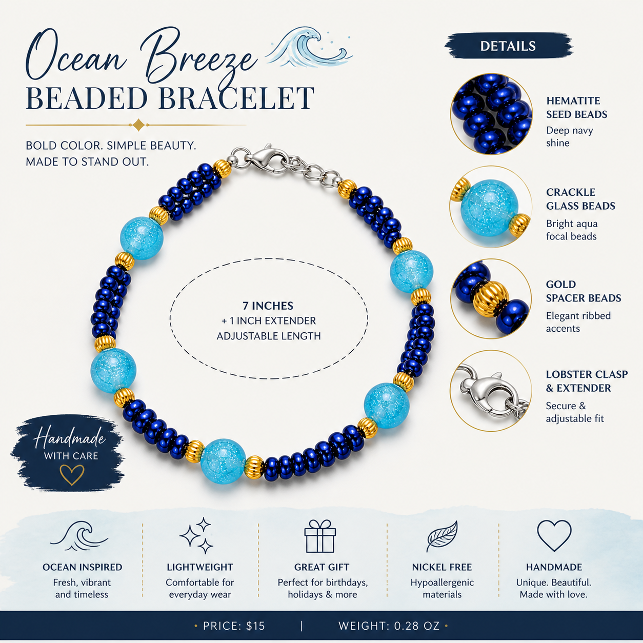 Ocean breeze beaded bracelet with navy blue beads aqua accents and gold spacers handmade gift for her features