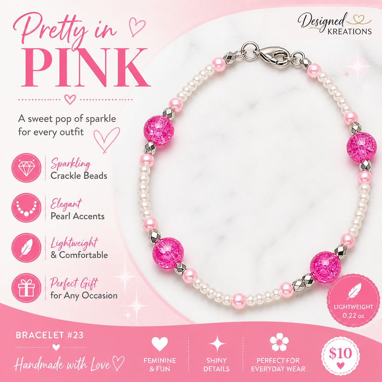 Pretty in pink handmade bracelet with crackle beads pearl accents and silver spacers feminine gift for her features
