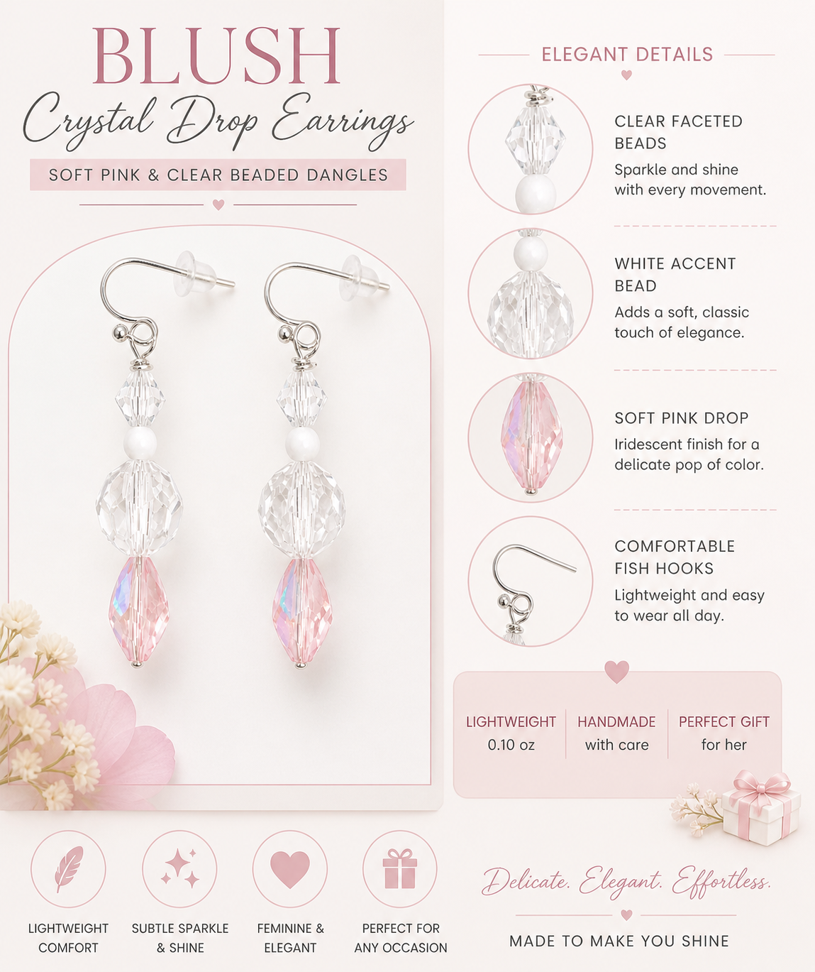 Blush crystal drop earrings with pink and clear beads handmade lightweight elegant gift for her features