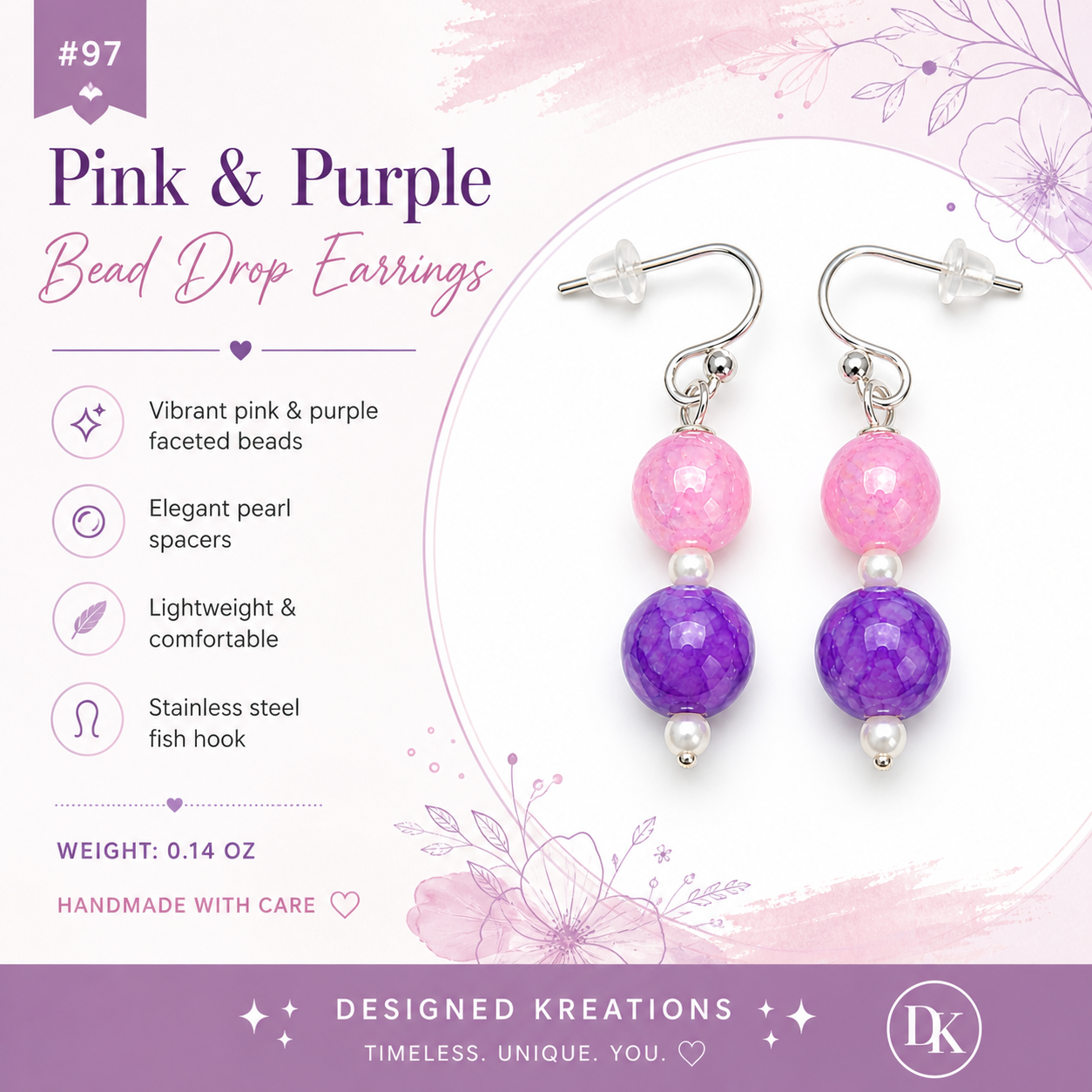 Pink and purple bead drop earrings with pearl accents handmade lightweight colorful jewelry features