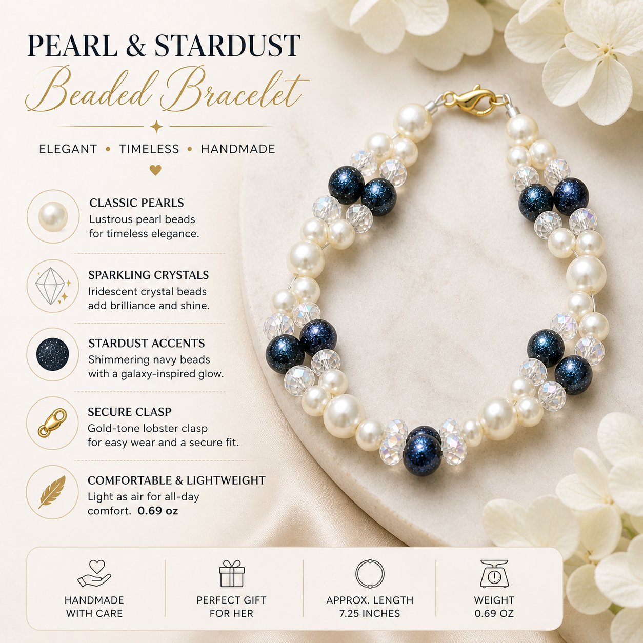Pearl and stardust beaded bracelet with crystals and navy beads handmade elegant gift for her features