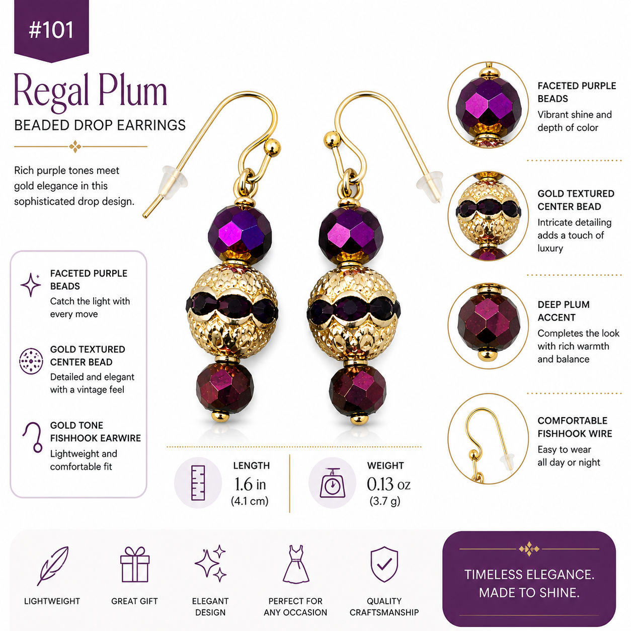 Purple gold beaded drop earrings handmade lightweight elegant gift for her features