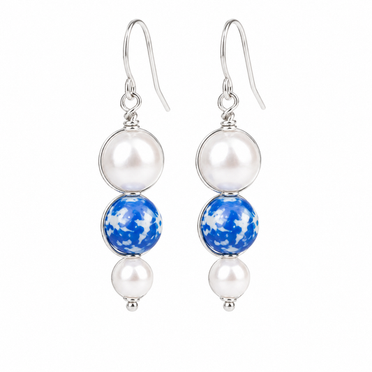 Blue and white pearl drop earrings handmade lightweight jewelry white background