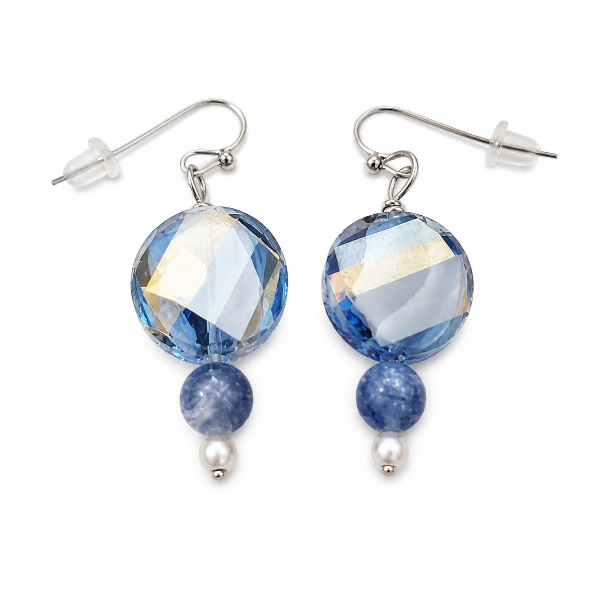 Blue faceted drop earrings with pearl handmade lightweight jewelry white background