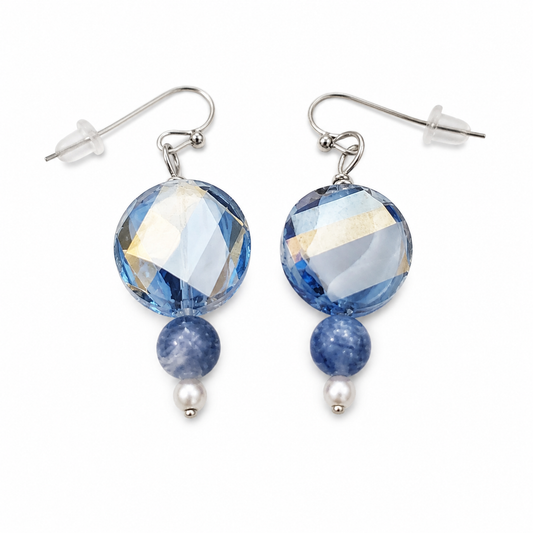 Blue faceted drop earrings with pearl handmade lightweight jewelry white background
