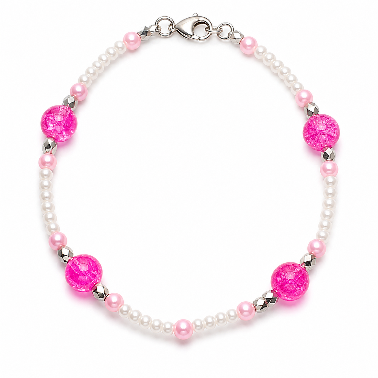 Pink crackle bead bracelet with pearl beads and silver spacers handmade lightweight jewelry white background