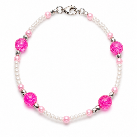 Pink crackle bead bracelet with pearl beads and silver spacers handmade lightweight jewelry white background