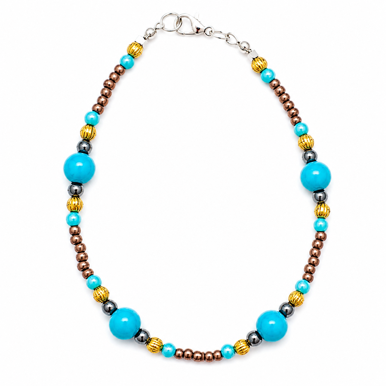 Main - Handmade turquoise and copper beaded bracelet with gold accent beads and silver clasp displayed on a clean white background.