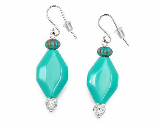 Turquoise drop earrings with crystal bead and silver hook handmade lightweight jewelry white background