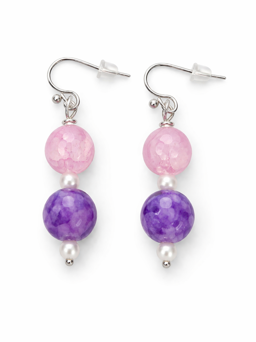 Pink and purple bead drop earrings with pearl spacers handmade lightweight jewelry white background