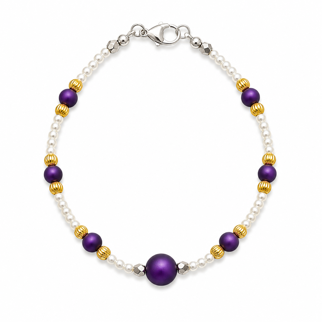 Purple and gold pearl beaded bracelet with white beads handmade lightweight jewelry white background