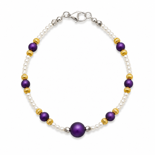 Purple and gold pearl beaded bracelet with white beads handmade lightweight jewelry white background