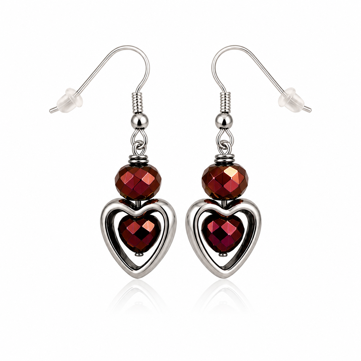 Ruby heart drop earrings handmade lightweight jewelry white background