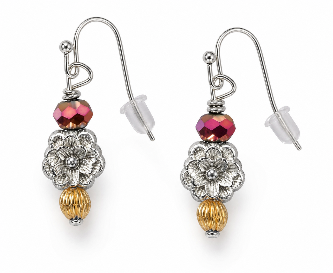 Silver flower drop earrings with red faceted bead and gold accent handmade lightweight jewelry white background