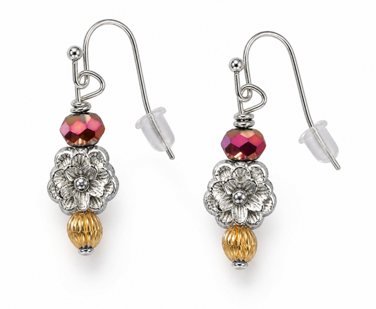 Silver flower drop earrings with red faceted bead and gold accent handmade lightweight jewelry white background