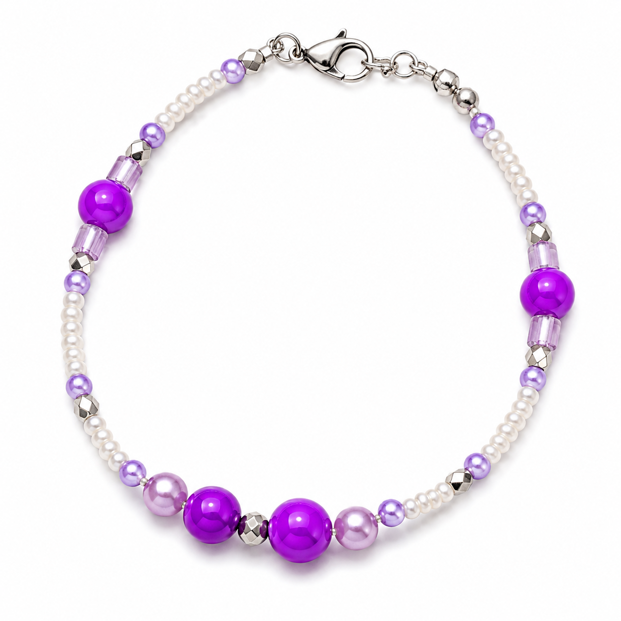 Purple lavender and pearl beaded bracelet with silver accents handmade lightweight jewelry white background