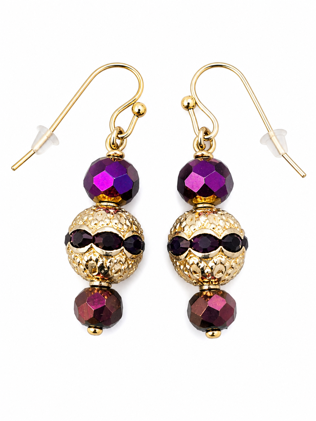 Purple and gold drop earrings faceted bead handmade lightweight jewelry white background