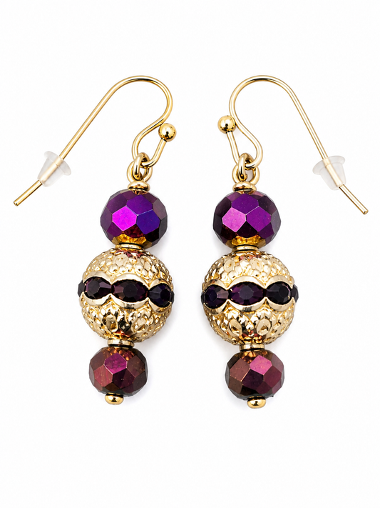 Purple and gold drop earrings faceted bead handmade lightweight jewelry white background