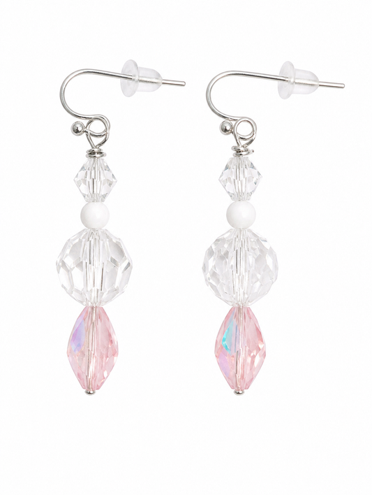Blush crystal drop earrings with clear faceted beads and soft pink iridescent drop lightweight handmade jewelry white background