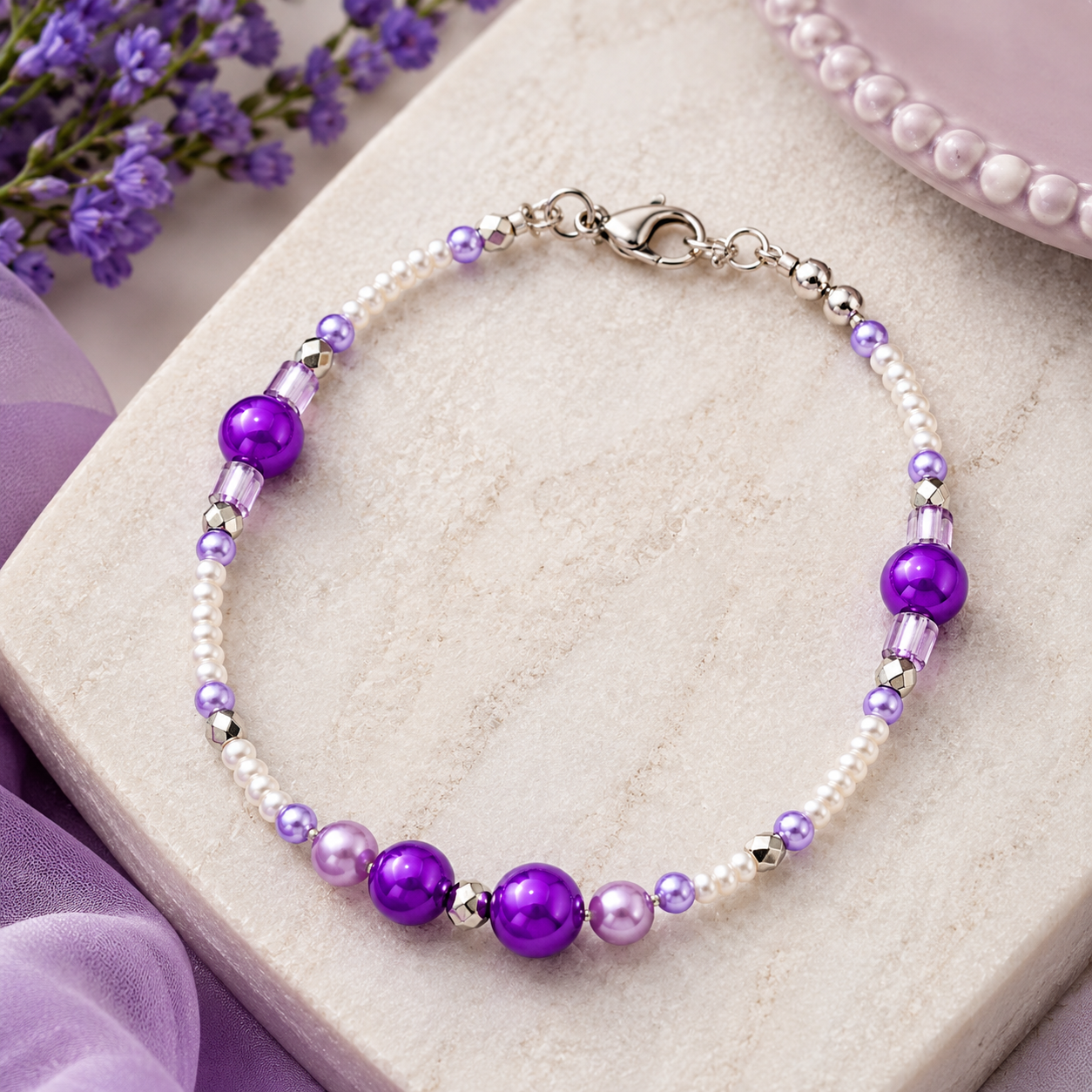 Royal lavender beaded bracelet styled on elegant neutral background with floral accents handmade jewelry