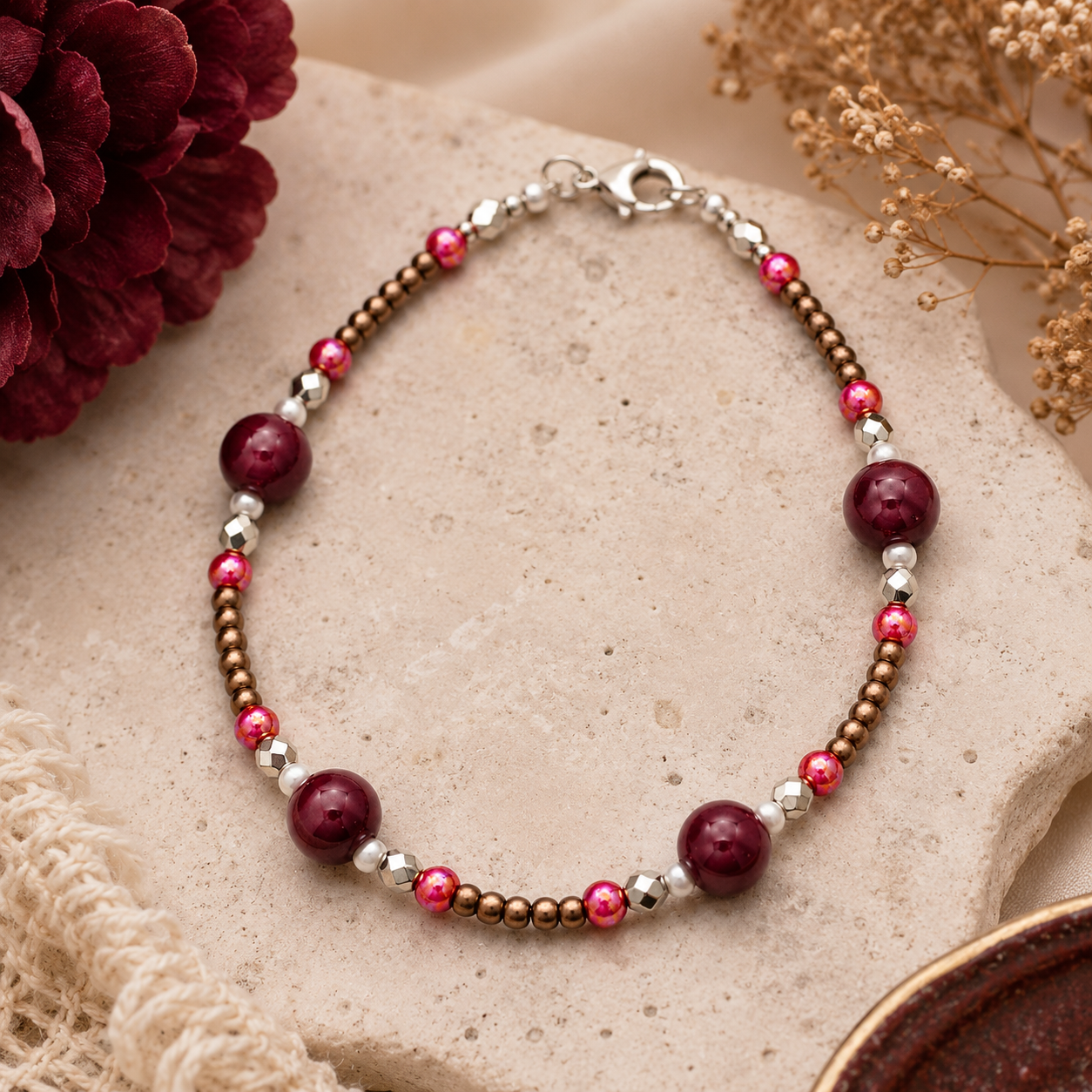 Elegant burgundy and bronze handmade bracelet styled on soft neutral background with boutique-inspired jewelry aesthetic