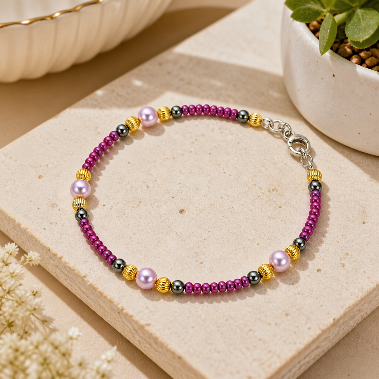Purple pearl and gold beaded bracelet styled on neutral stone background elegant handmade jewelry