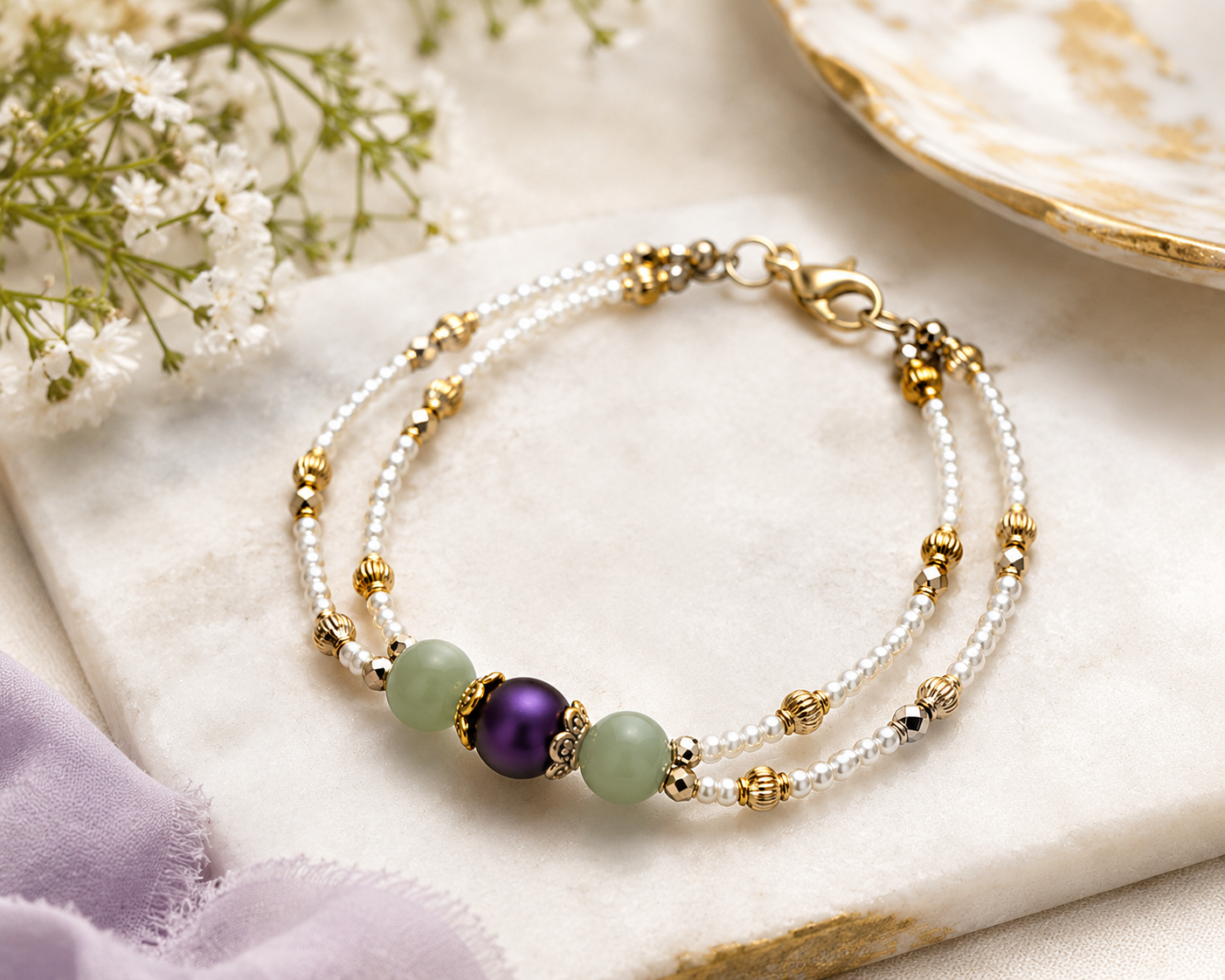 Elegant handmade double-strand bracelet styled on marble surface with pearl beads, gold spacers, and purple focal bead