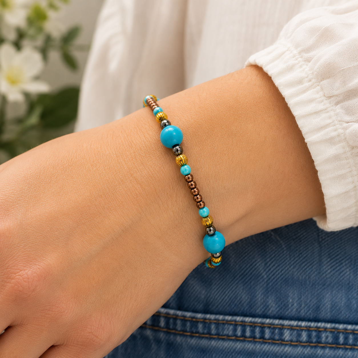 Worn - Turquoise and copper beaded handmade bracelet worn on wrist featuring gold accents and polished metallic beads.