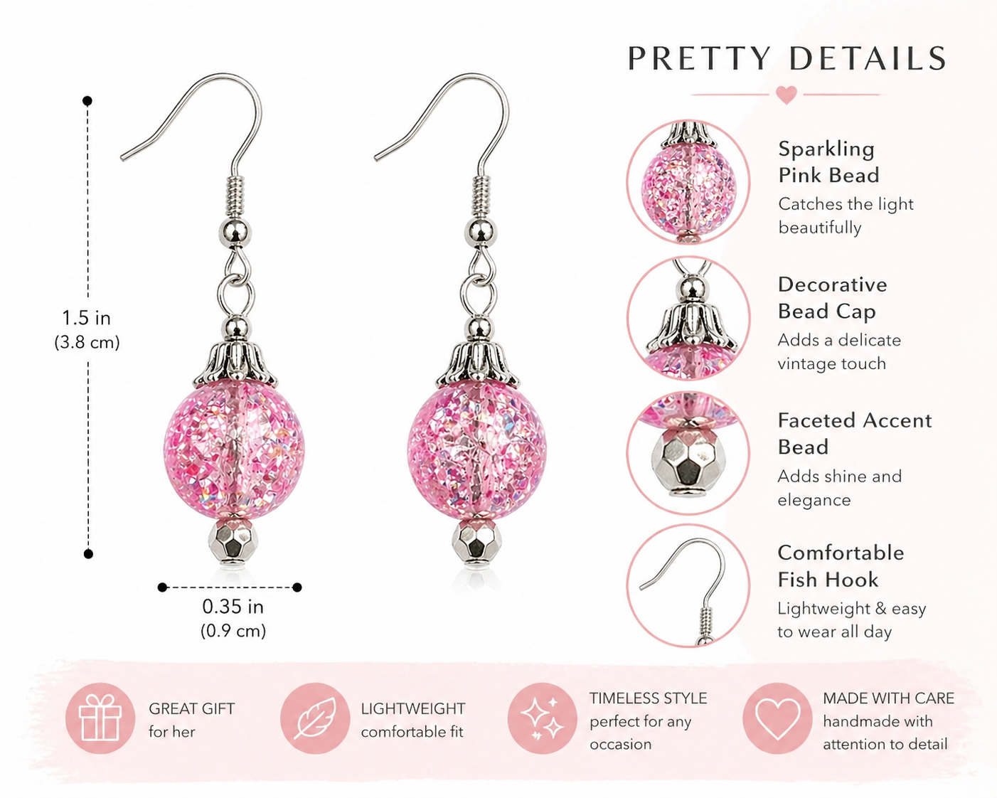 Pink sparkle drop earrings handmade lightweight gift for her features