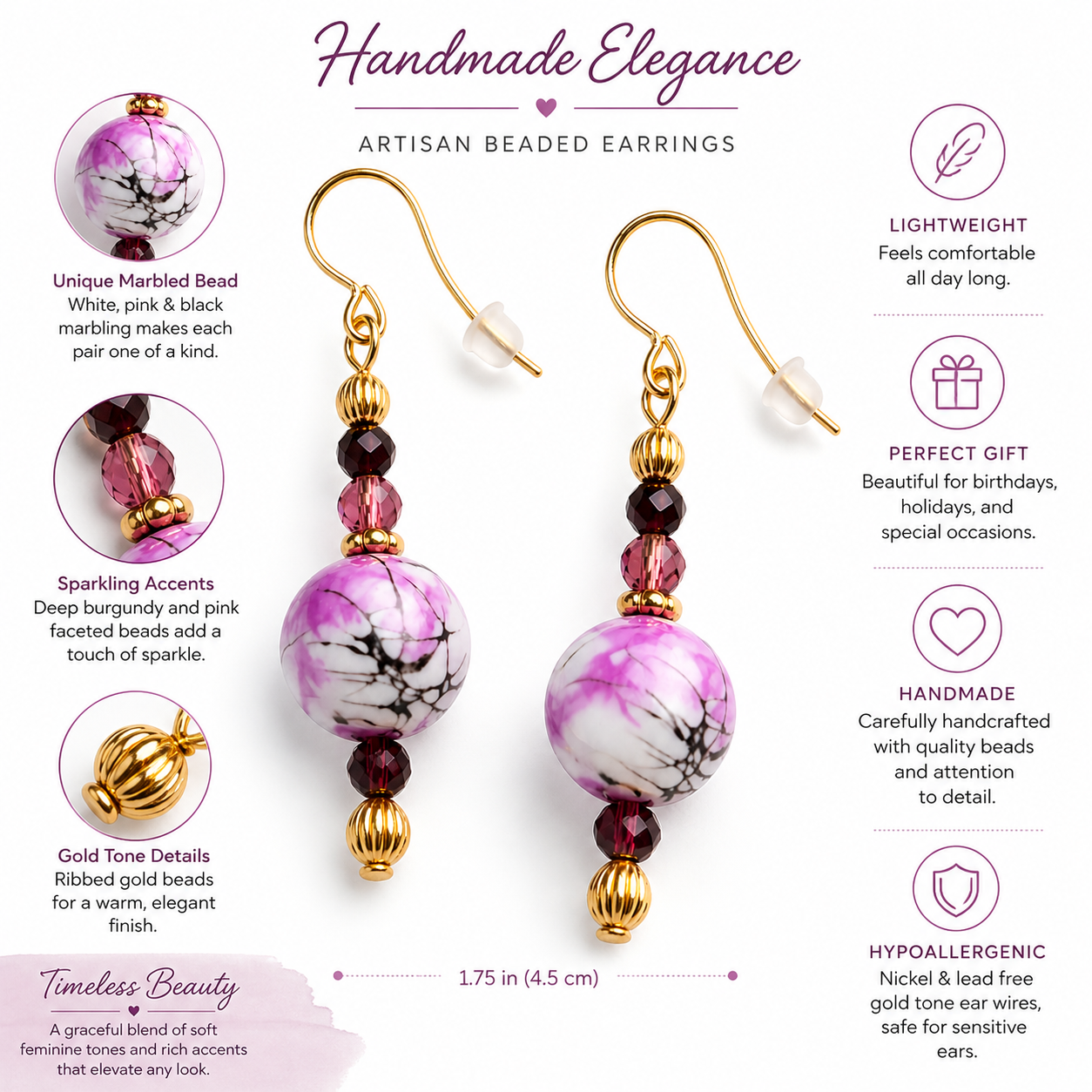 Pink marble drop earrings handmade lightweight gift for her features