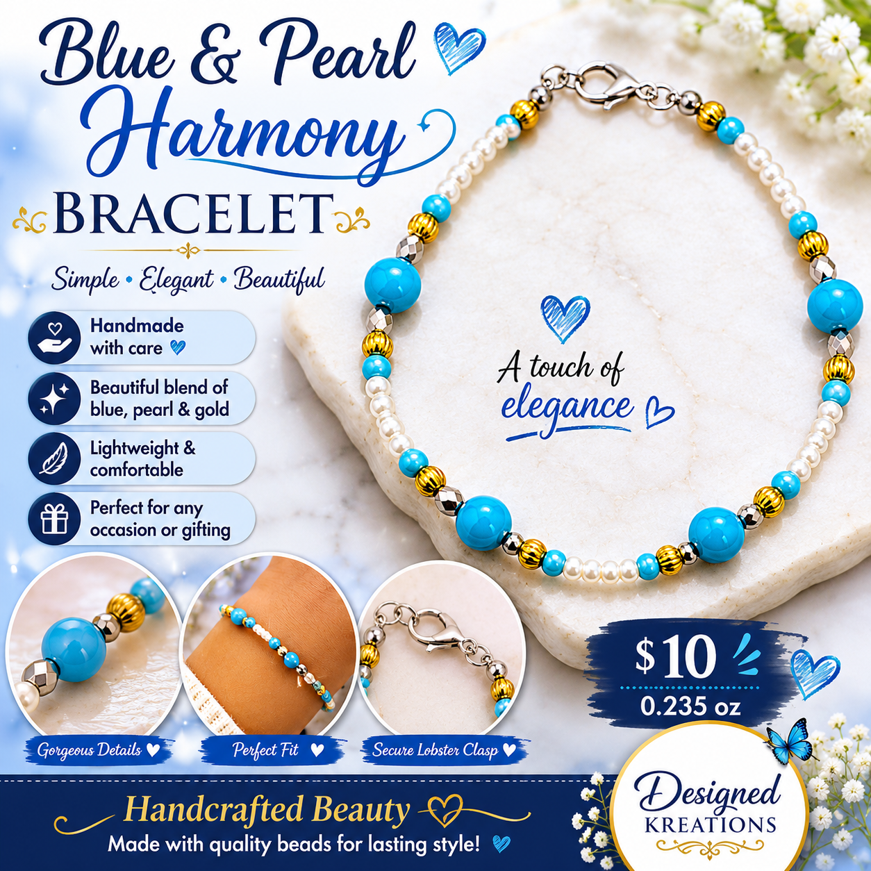 Ocean Breeze Beaded Bracelet promotional graphic featuring turquoise focal beads, pearl accents, gold spacers, product highlights, pricing, and Designed Kreations branding in a bright coastal-inspired design.