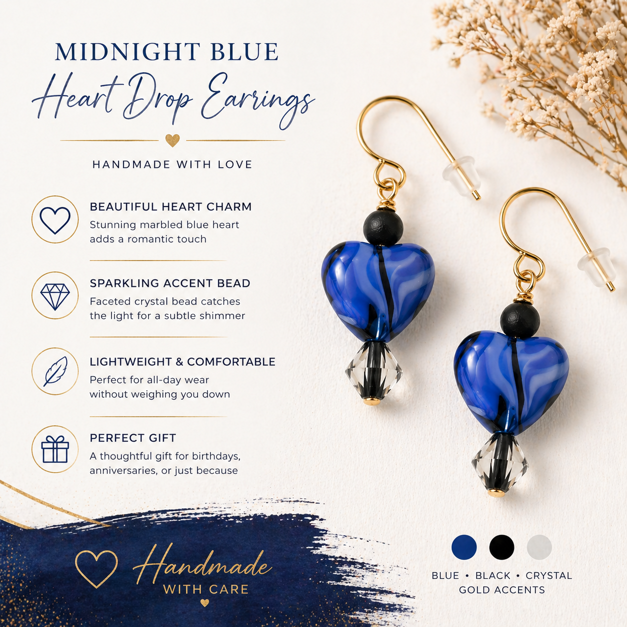 Blue heart drop earrings handmade lightweight gift for her features