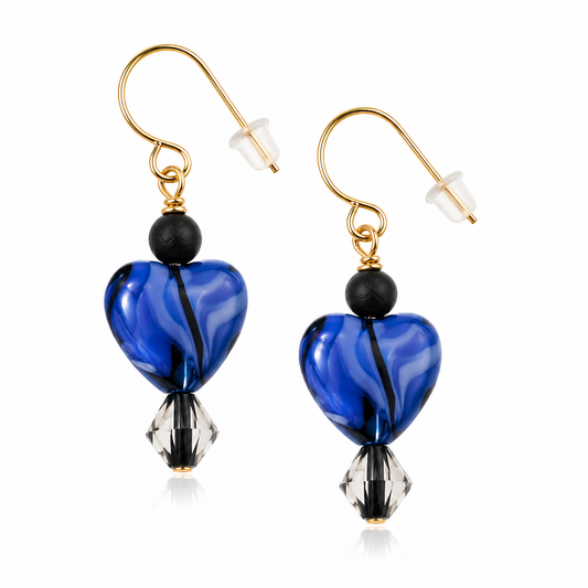 Blue heart drop earrings handmade lightweight jewelry white background
